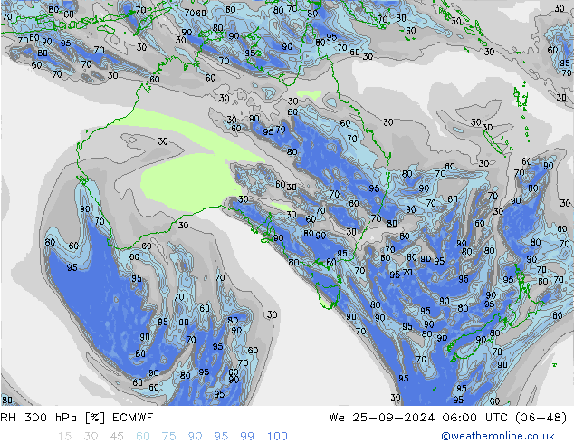 Humidité rel. 300 hPa ECMWF mer 25.09.2024 06 UTC