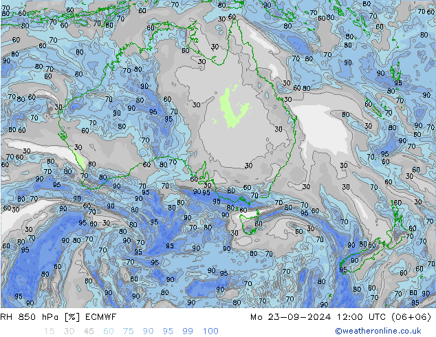 RH 850 hPa ECMWF Mo 23.09.2024 12 UTC