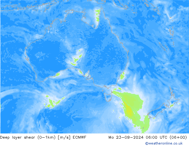 Deep layer shear (0-1km) ECMWF pon. 23.09.2024 06 UTC