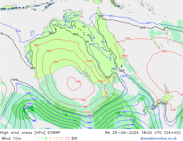 yüksek rüzgarlı alanlar ECMWF Çar 25.09.2024 18 UTC