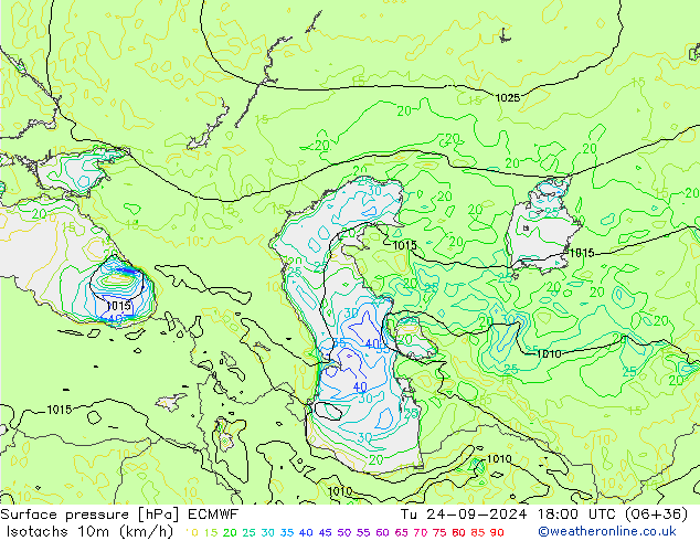 Isotachs (kph) ECMWF mar 24.09.2024 18 UTC