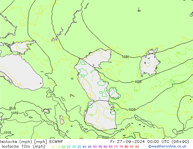 Isotachs (mph) ECMWF Fr 27.09.2024 00 UTC