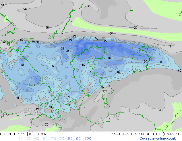 RH 700 hPa ECMWF Út 24.09.2024 09 UTC