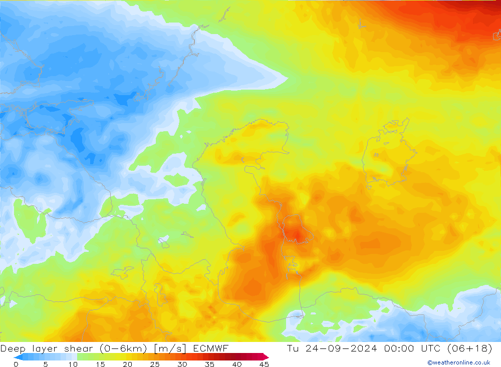 Deep layer shear (0-6km) ECMWF Út 24.09.2024 00 UTC