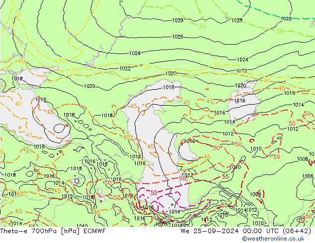 Theta-e 700hPa ECMWF We 25.09.2024 00 UTC