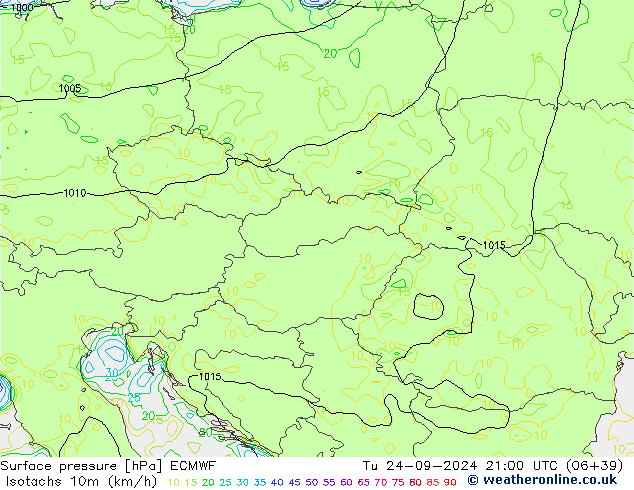 Isotachs (kph) ECMWF вт 24.09.2024 21 UTC