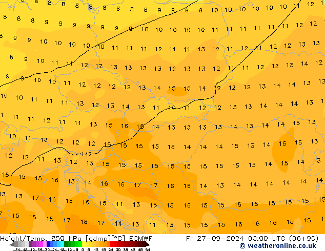 Geop./Temp. 850 hPa ECMWF vie 27.09.2024 00 UTC