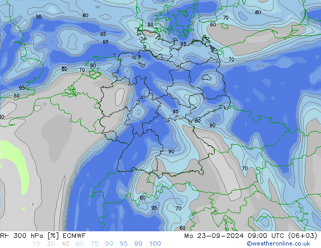 Humedad rel. 300hPa ECMWF lun 23.09.2024 09 UTC