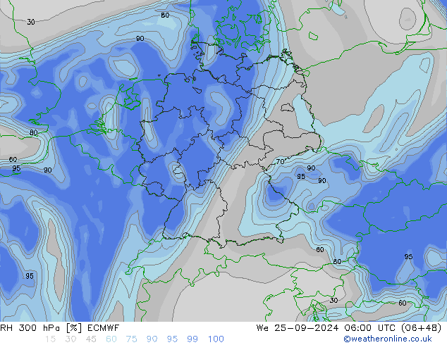 RH 300 гПа ECMWF ср 25.09.2024 06 UTC