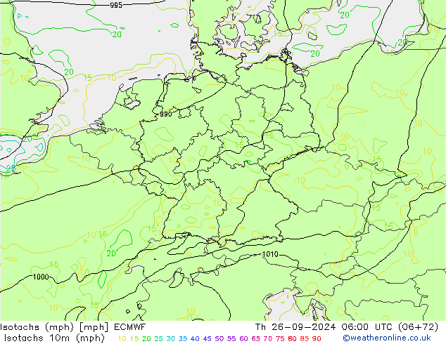 Isotachs (mph) ECMWF Th 26.09.2024 06 UTC