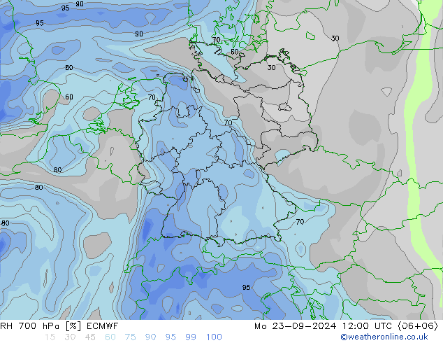 RH 700 hPa ECMWF Mo 23.09.2024 12 UTC