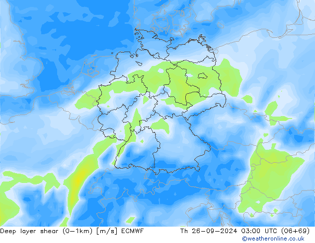 Deep layer shear (0-1km) ECMWF do 26.09.2024 03 UTC