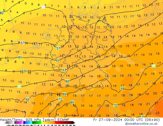 Geop./Temp. 925 hPa ECMWF vie 27.09.2024 00 UTC