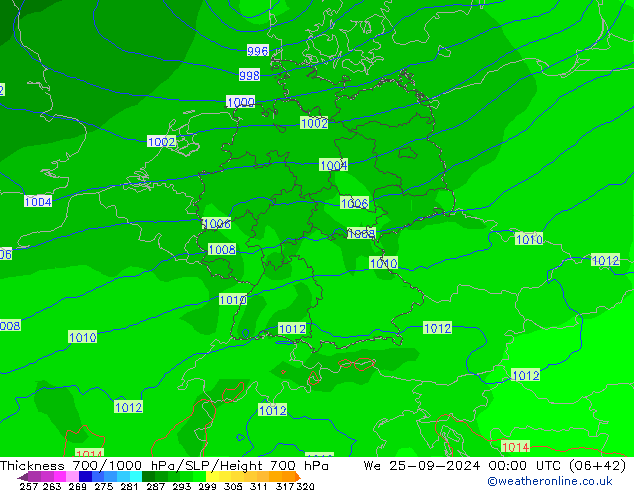 Thck 700-1000 hPa ECMWF mer 25.09.2024 00 UTC