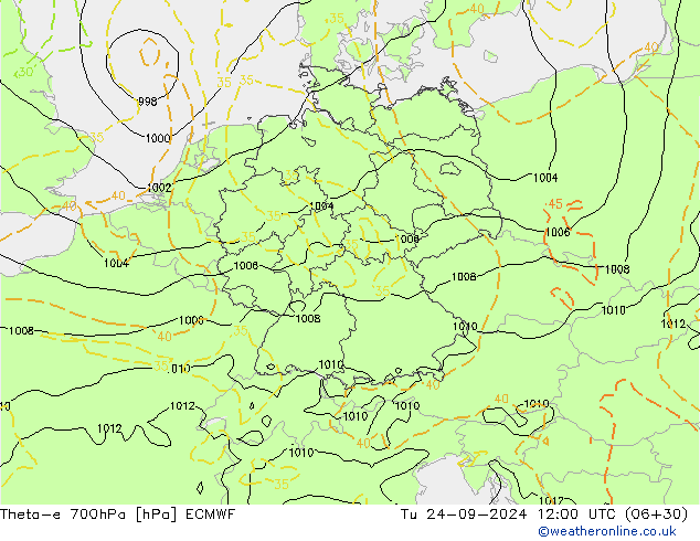 Theta-e 700hPa ECMWF Tu 24.09.2024 12 UTC