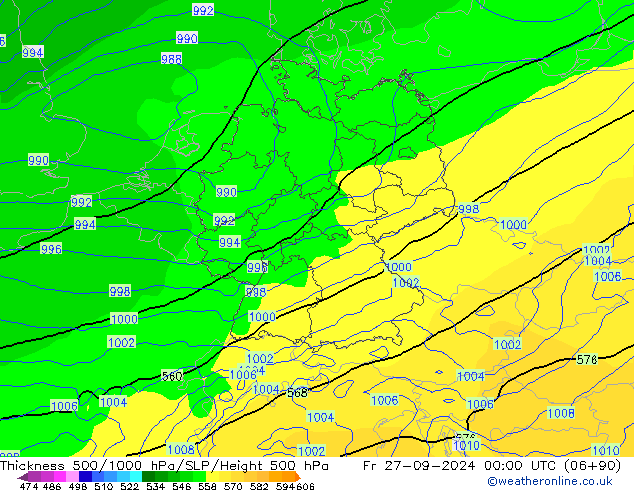 Dikte 500-1000hPa ECMWF vr 27.09.2024 00 UTC