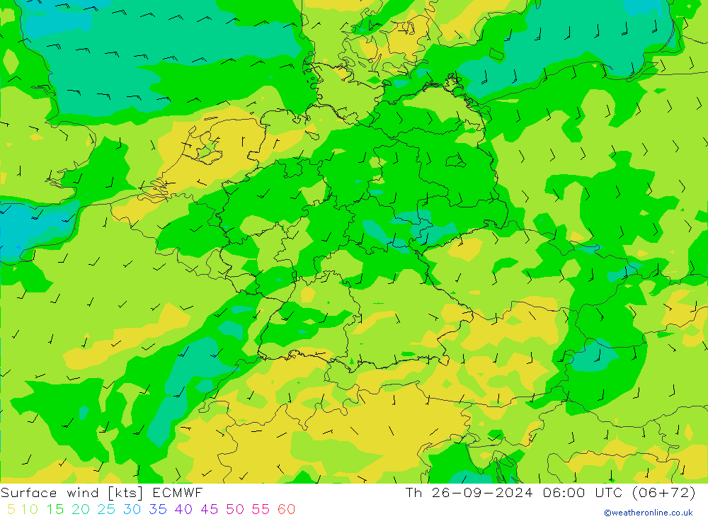 Surface wind ECMWF Čt 26.09.2024 06 UTC