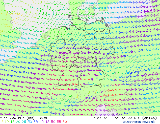 Wind 700 hPa ECMWF Fr 27.09.2024 00 UTC