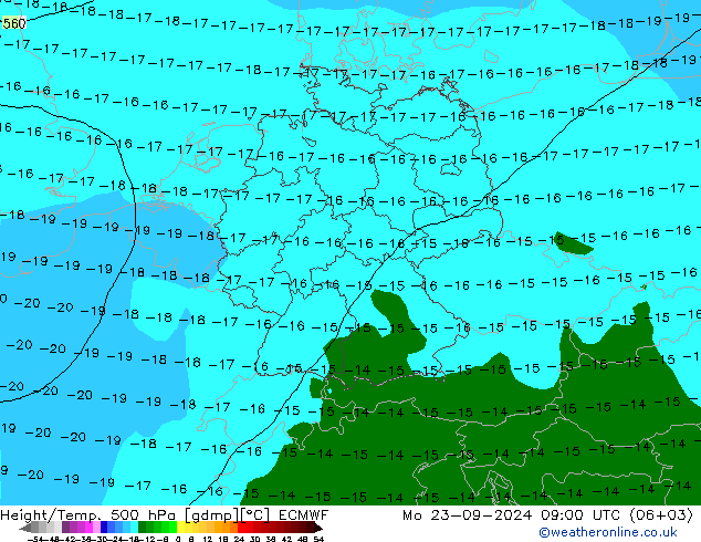 Height/Temp. 500 hPa ECMWF pon. 23.09.2024 09 UTC