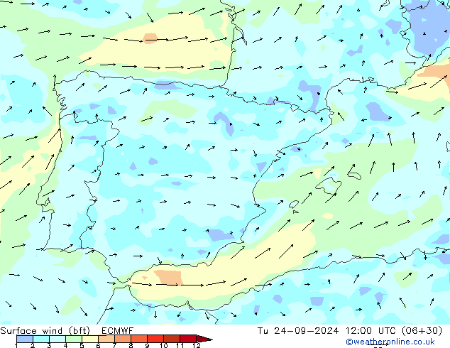 Surface wind (bft) ECMWF Tu 24.09.2024 12 UTC