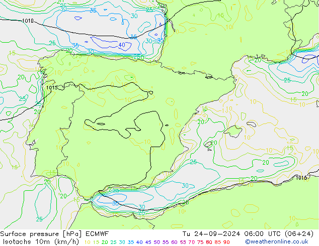 Isotachs (kph) ECMWF вт 24.09.2024 06 UTC