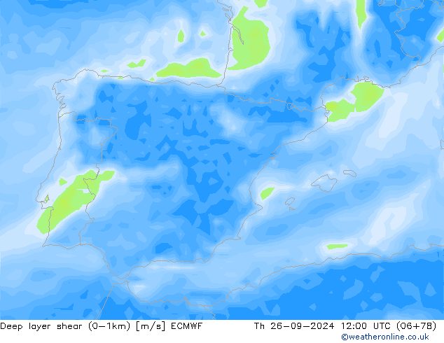 Deep layer shear (0-1km) ECMWF Per 26.09.2024 12 UTC