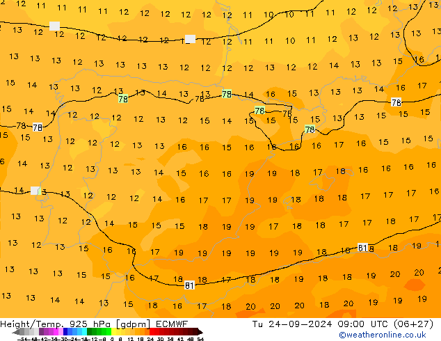 Height/Temp. 925 hPa ECMWF wto. 24.09.2024 09 UTC