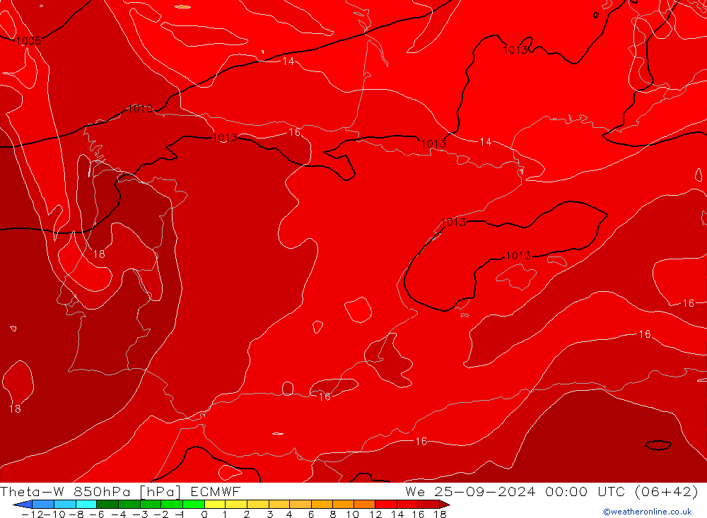 Theta-W 850hPa ECMWF śro. 25.09.2024 00 UTC