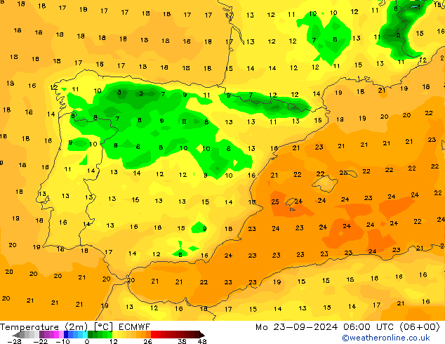 mapa temperatury (2m) ECMWF pon. 23.09.2024 06 UTC