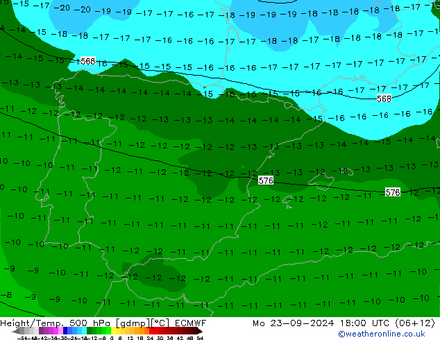 Height/Temp. 500 hPa ECMWF Mo 23.09.2024 18 UTC