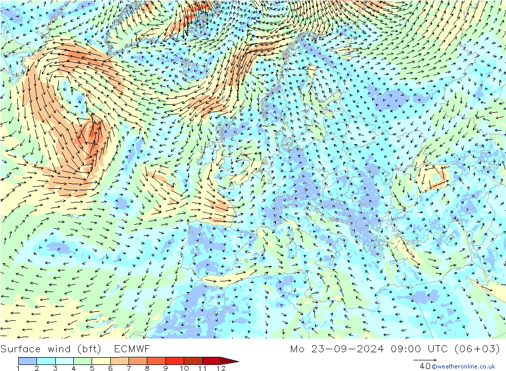 Vento 10 m (bft) ECMWF Seg 23.09.2024 09 UTC