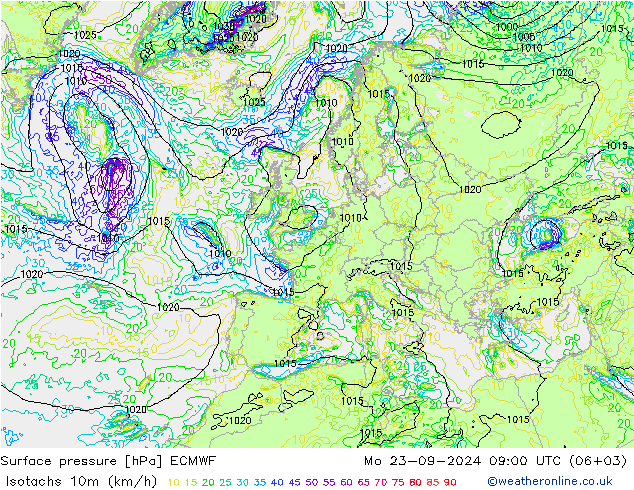 Isotachen (km/h) ECMWF Mo 23.09.2024 09 UTC