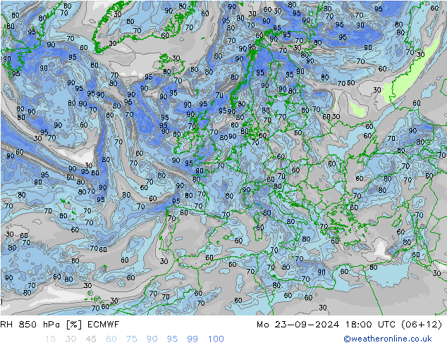 RH 850 hPa ECMWF lun 23.09.2024 18 UTC