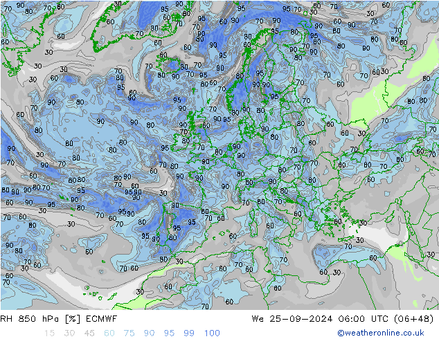 RH 850 hPa ECMWF Mi 25.09.2024 06 UTC