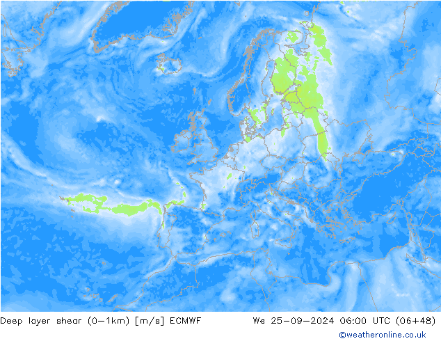 Deep layer shear (0-1km) ECMWF mer 25.09.2024 06 UTC