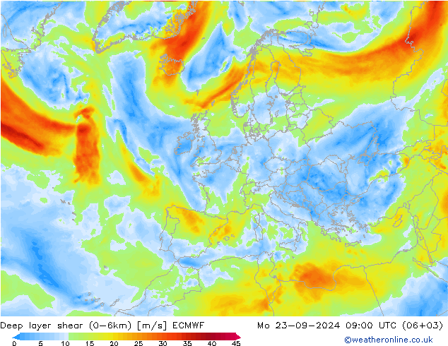 Deep layer shear (0-6km) ECMWF Mo 23.09.2024 09 UTC