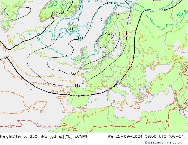 Height/Temp. 850 hPa ECMWF mer 25.09.2024 09 UTC