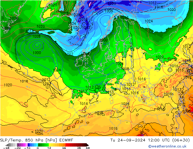 SLP/Temp. 850 hPa ECMWF Tu 24.09.2024 12 UTC