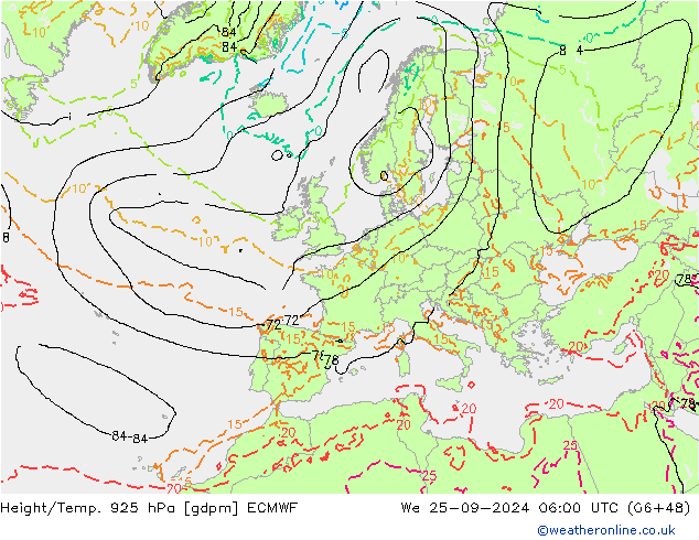 Height/Temp. 925 hPa ECMWF mer 25.09.2024 06 UTC