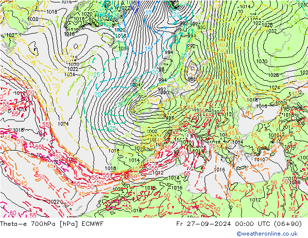 Theta-e 700hPa ECMWF vie 27.09.2024 00 UTC