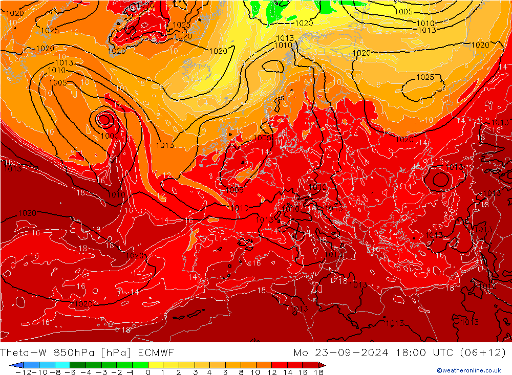 Theta-W 850hPa ECMWF Pzt 23.09.2024 18 UTC