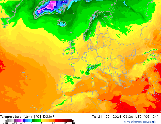 Temperatuurkaart (2m) ECMWF di 24.09.2024 06 UTC