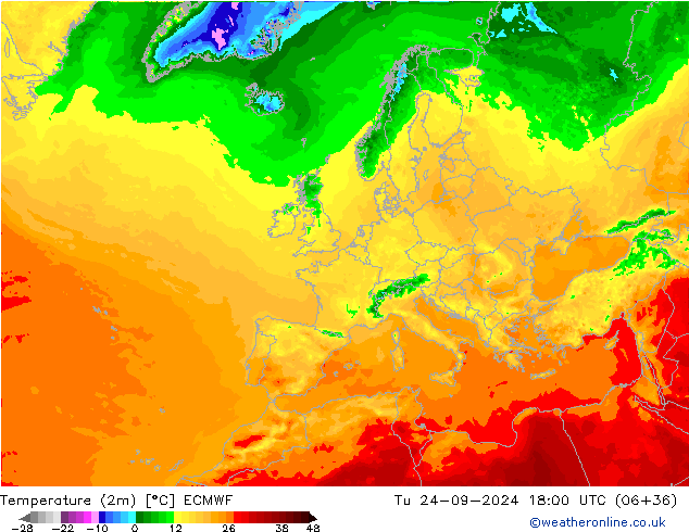 Temperature (2m) ECMWF Tu 24.09.2024 18 UTC