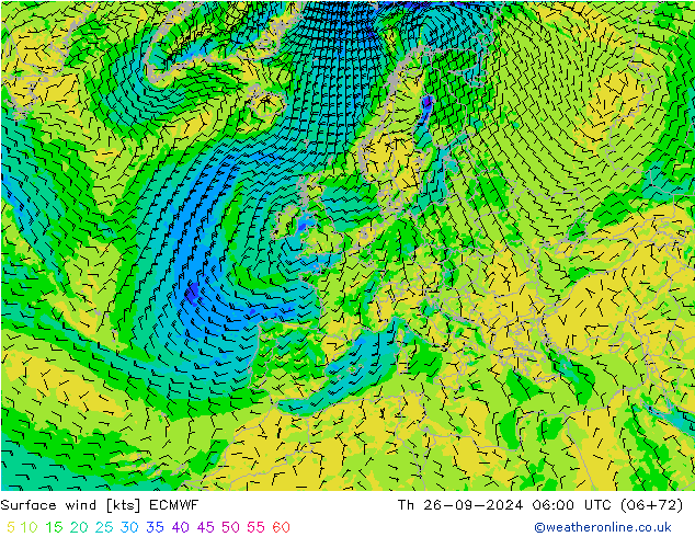 Surface wind ECMWF Čt 26.09.2024 06 UTC