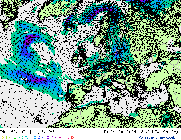 Rüzgar 850 hPa ECMWF Sa 24.09.2024 18 UTC