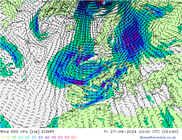 Wind 950 hPa ECMWF Fr 27.09.2024 00 UTC