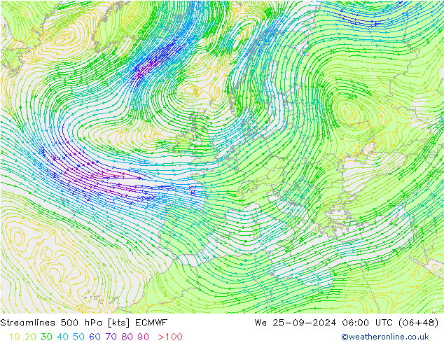 Stromlinien 500 hPa ECMWF Mi 25.09.2024 06 UTC