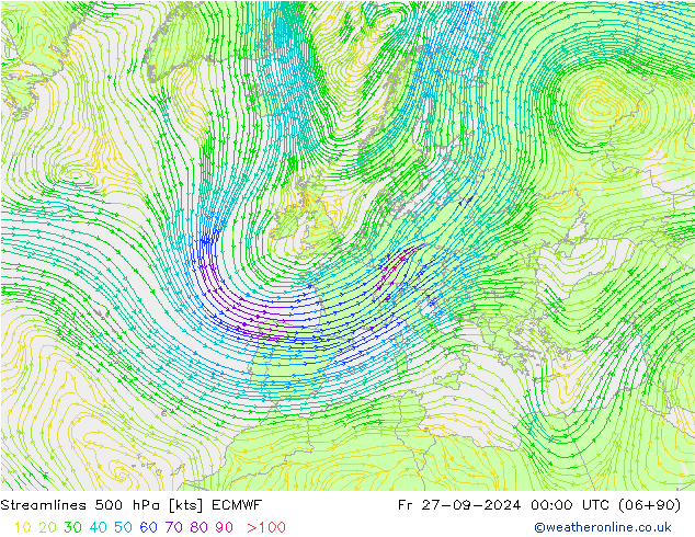 Línea de corriente 500 hPa ECMWF vie 27.09.2024 00 UTC