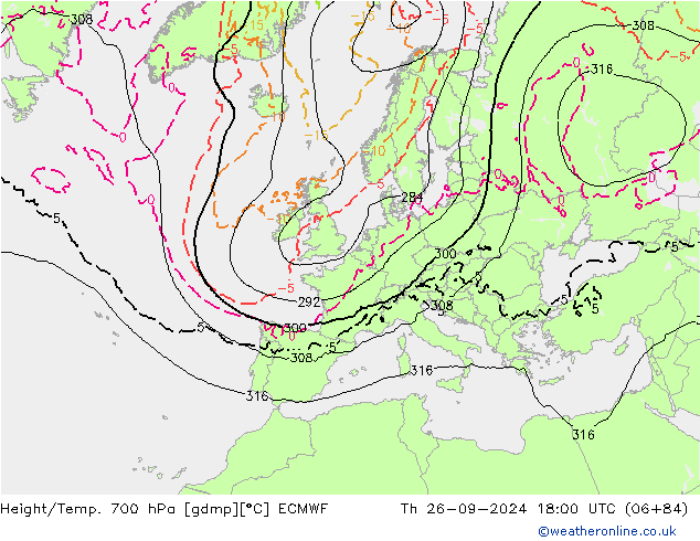 Height/Temp. 700 гПа ECMWF чт 26.09.2024 18 UTC