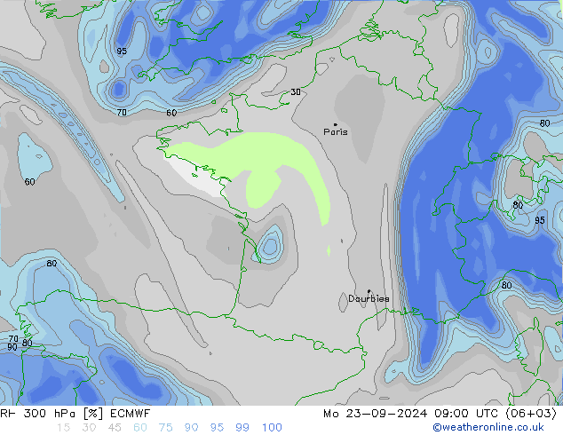 RH 300 hPa ECMWF Mo 23.09.2024 09 UTC